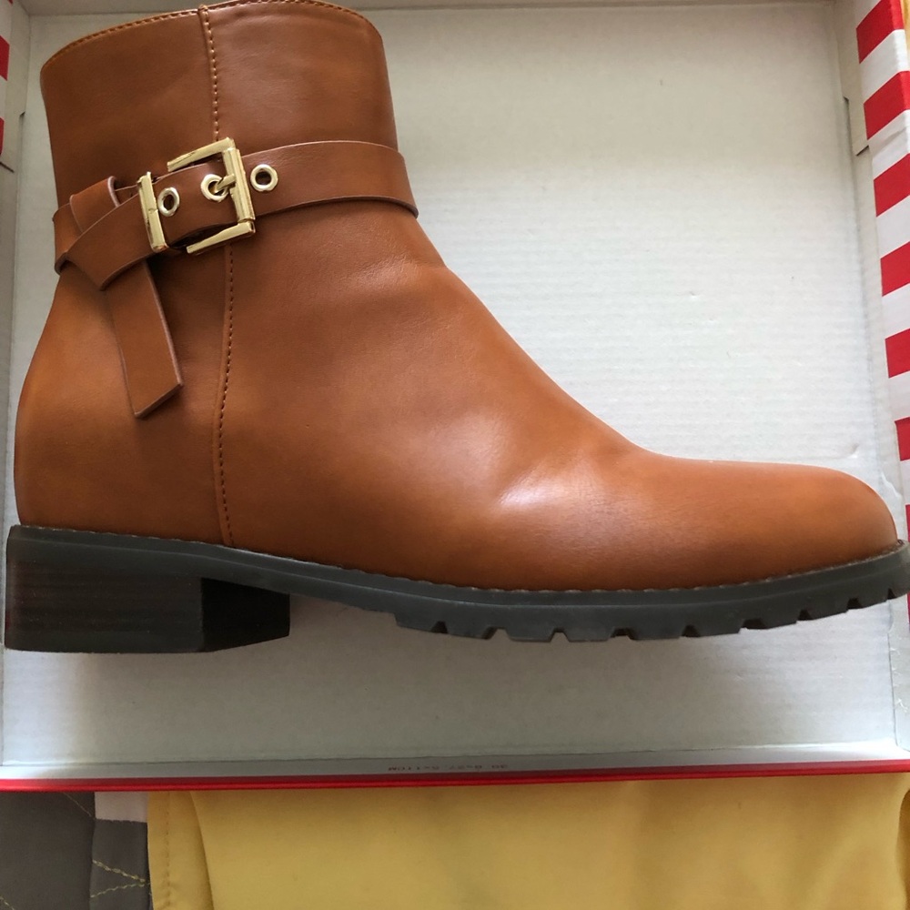 crown & ivy Tan Ankle Boot with Gold Buckle Accentbuckles